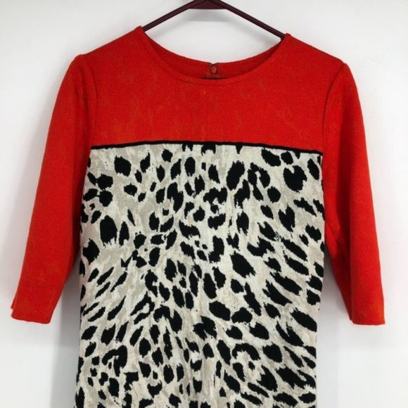 St. John Red  &  Creme Leopard Print Jersey Wool blend Midi Dress size 12 - Picture 4 of 7